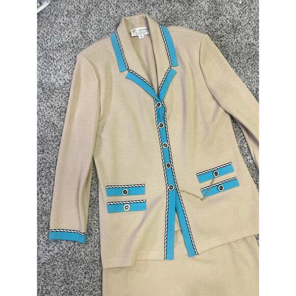 VTG ST. John Collection Marie Gray USA Sz 12 1990s Skirt Suit Tan/Blue Old Money - Picture 2 of 14